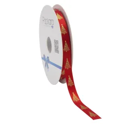Squiggle Christmas Tree Satin Ribbon; Gold on Red